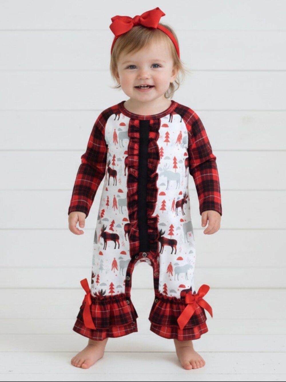 Buffalo Plaid Milk Silk Elk Romper, Baby, Girl